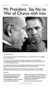 Retired US generals buy and advertisement in the Washington Post and tell Obama not to go to war with Iran